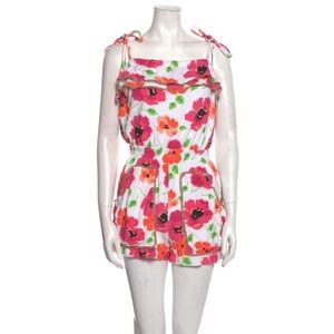 MANOUSH WHITE AND PINK FLORAL SQUARE NECK RUFFLE ROMPER